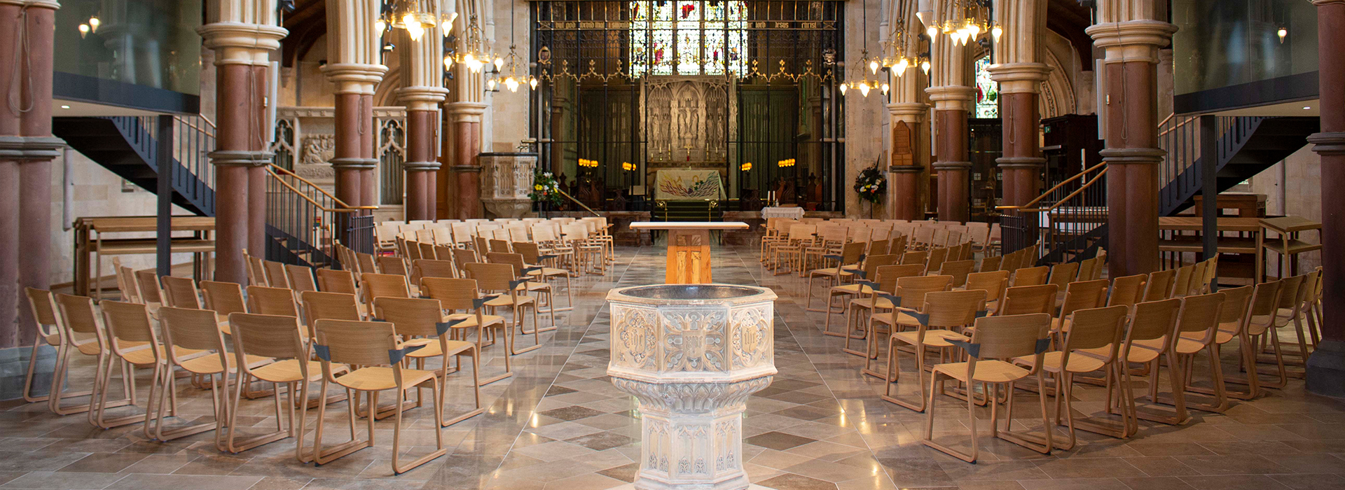 Modern church furniture layout with font