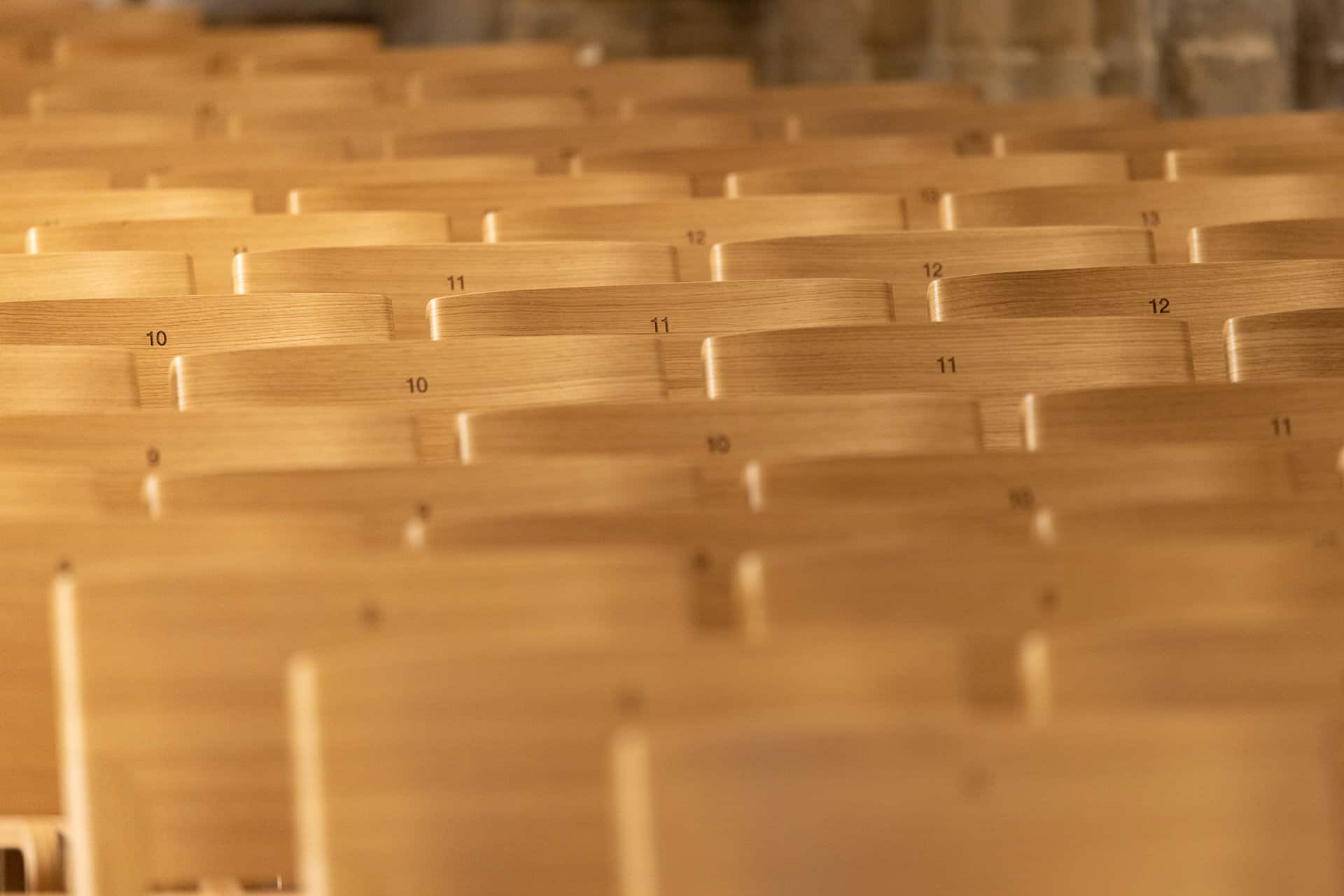 Church chairs with etched numbering